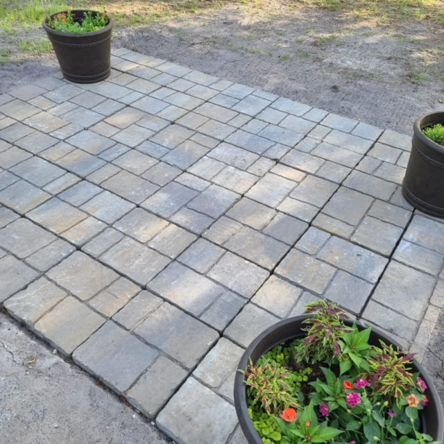 Storybook park, tiling, flowers in planters