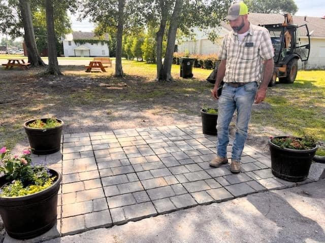 Storybook park, tiling, flowers in planters
