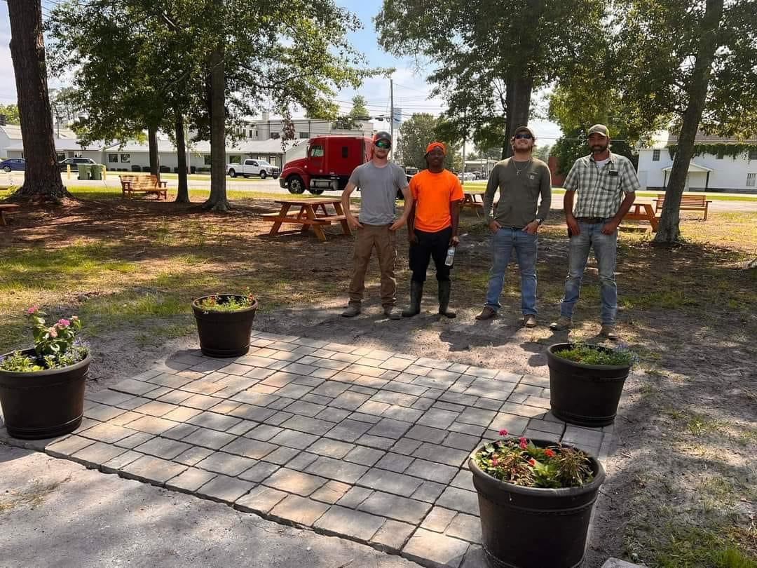 Storybook park, tiling, flowers in planters