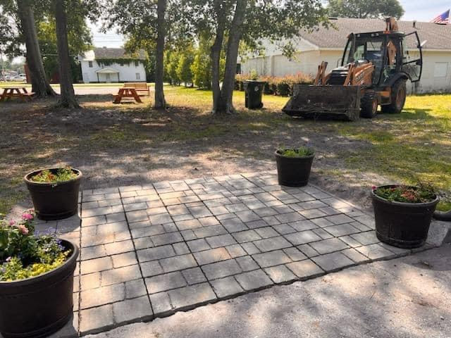 Storybook park, tiling, flowers in planters