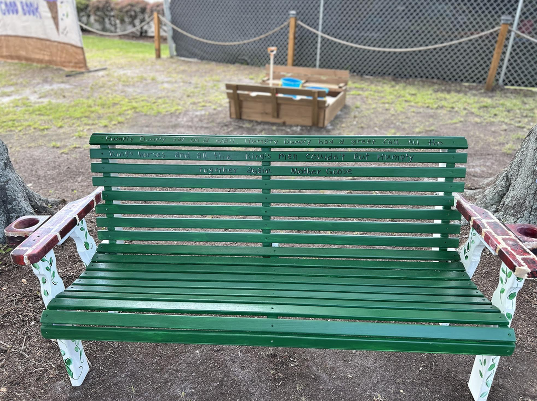 Storybook park, decorated benches