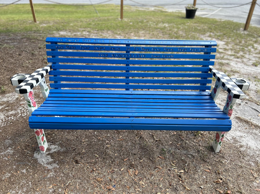 Storybook park, decorated benches
